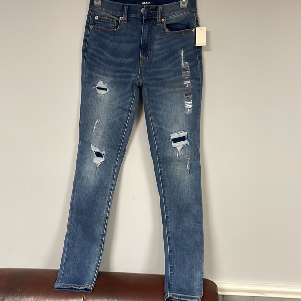 Aero  Distressed High Rise Skinny Denim Jeans Size 2, REPREVE  recycled mat NWOT